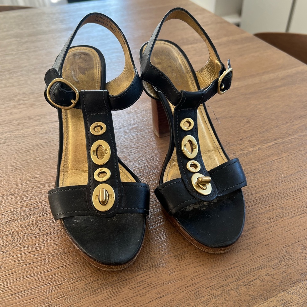 Coach Leather Black Sandals with Gold Detail